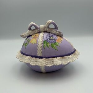 Hand-Painted Ceramic Purple Egg with Floral, Lace, and Bow Design Decor